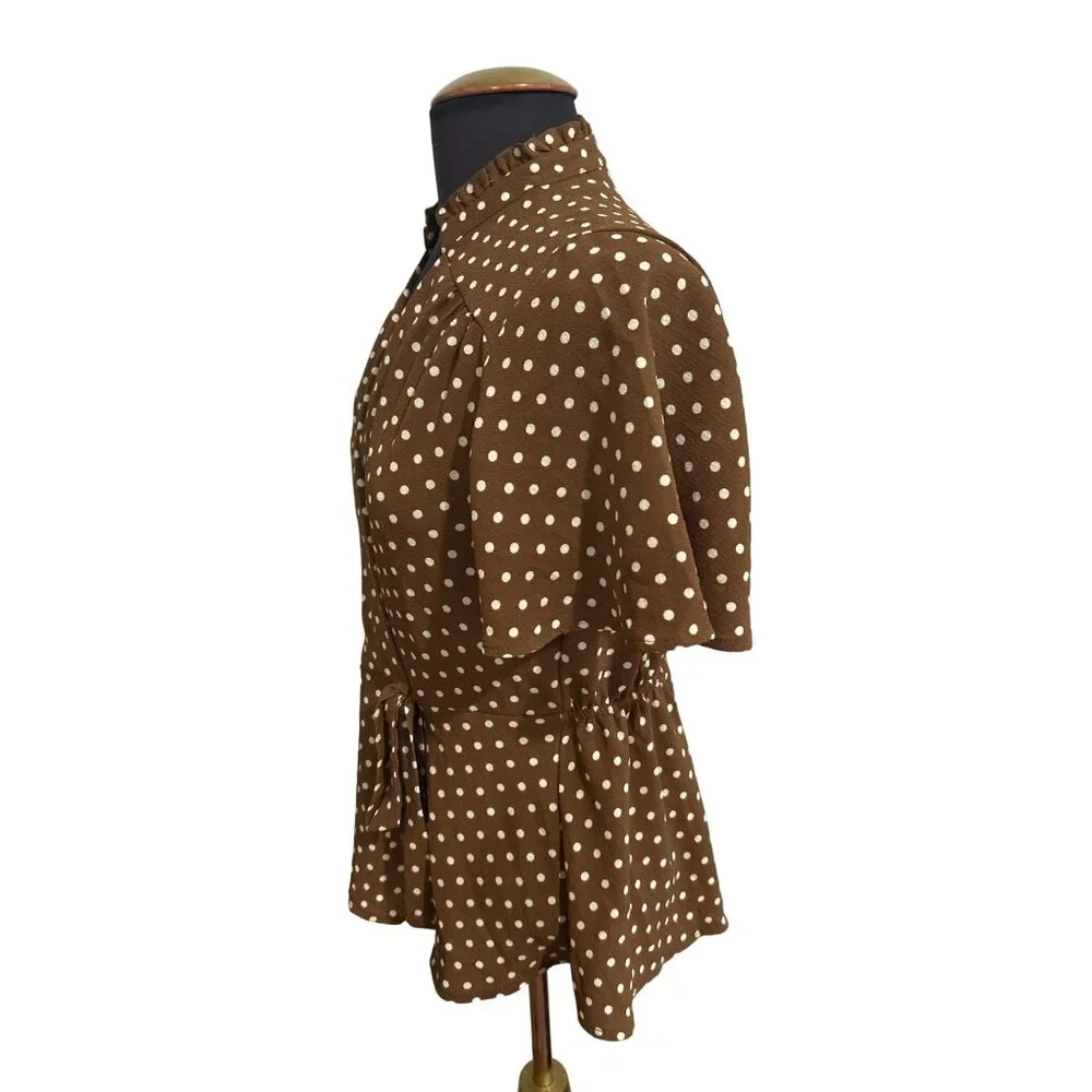 Monteau Brown Polka Dot Wrap Blouse Short Sleeve Lightweight Ruffled Collar Med - Picture 2 of 6